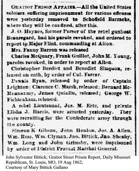 John Sylvester Bittick--Gratiot Prison Report 19 Aug 1862